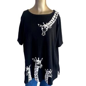 Vintage 90s Teddi Giraffe Graphic Fine Knit Tunic Top XL Black Short Sleeve